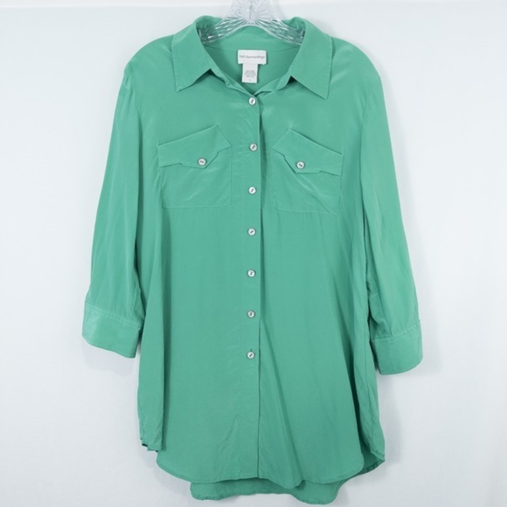 Soft Surroundings Silk Button‎ Front 3/4 Sleeve Tunic Top Womens Medium Green